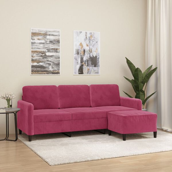 vidaXL Trivietė sofa su pakoja, raudonojo vyno spalvos, 180cm, aksomas