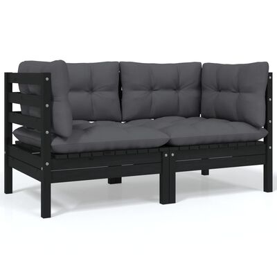 vidaXL Dvivietė sodo sofa su pagalvėlėmis, juoda, pušies masyvas