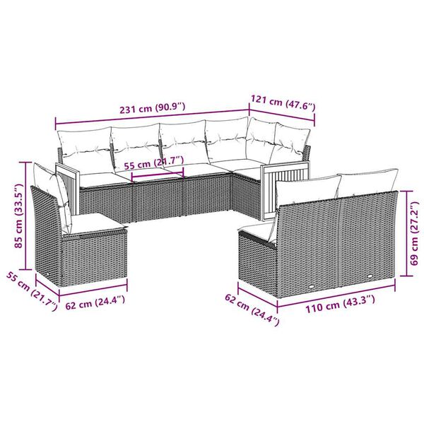 vidaXL Sofos komplektas su pagalvėlėmis, 8 dalių, juodas, poliratanas