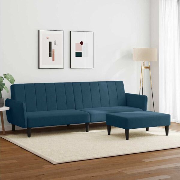 vidaXL Dvivietė sofa-lova su pakoja, mėlynos spalvos, aksomas