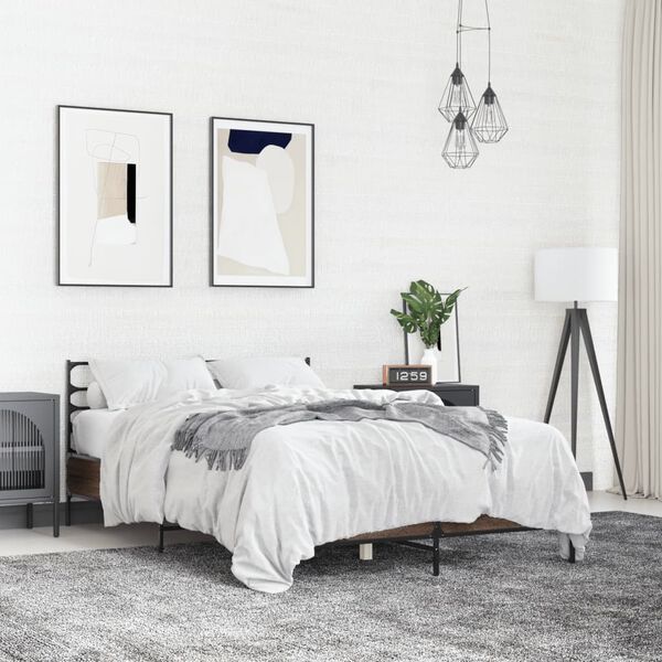 vidaXL Lovos rėmas, rudas ąžuolo, 135x190cm, apdirbta mediena/metalas