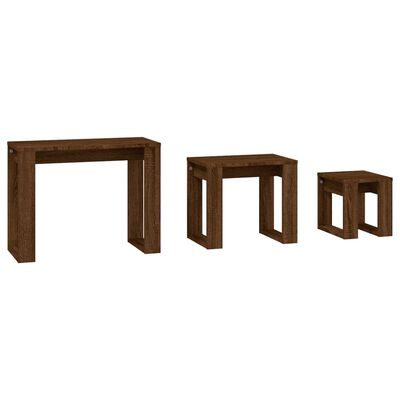 vidaXL Sustumiami staliukai, 3vnt., rudi ąžuolo, apdirbta mediena