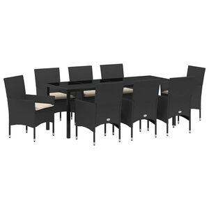 vidaXL Sodo valgomojo komplektas su pagalve 9 pcs Juoda poliratanas