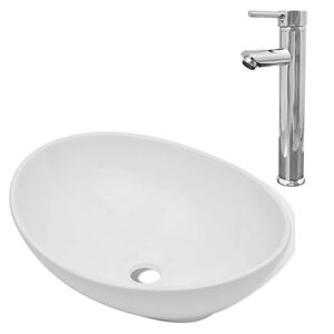 vidaXL Vonios praustuvas su vandens mai&scaron;ytuv., keram., oval., baltas