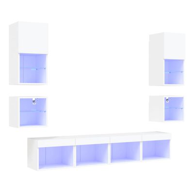 vidaXL Sieninė TV sekcija su LED, 8 dalių, balta, apdirbta mediena