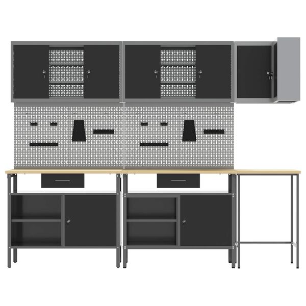 vidaXL Darbo spintos rinkinys su stalčių 10 pcs Juoda ir pilka