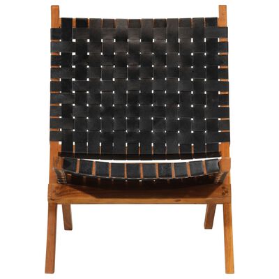 vidaXL Sulankstoma poilsio kėdė, juodos spalvos, tikra oda