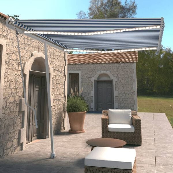 vidaXL Automatinė markizė su LED/vėjo jutikliu, mėlyna/balta, 300x250m