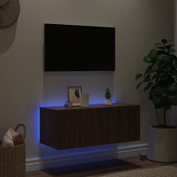 vidaXL Sieninė TV spintelė su LED lemputėmis, ruda ąžuolo, 80x35x31cm