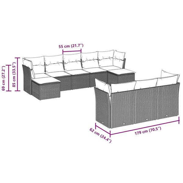 vidaXL Sodo komplektas su pagalvėlėmis, 10 dalių, pilkas, poliratanas
