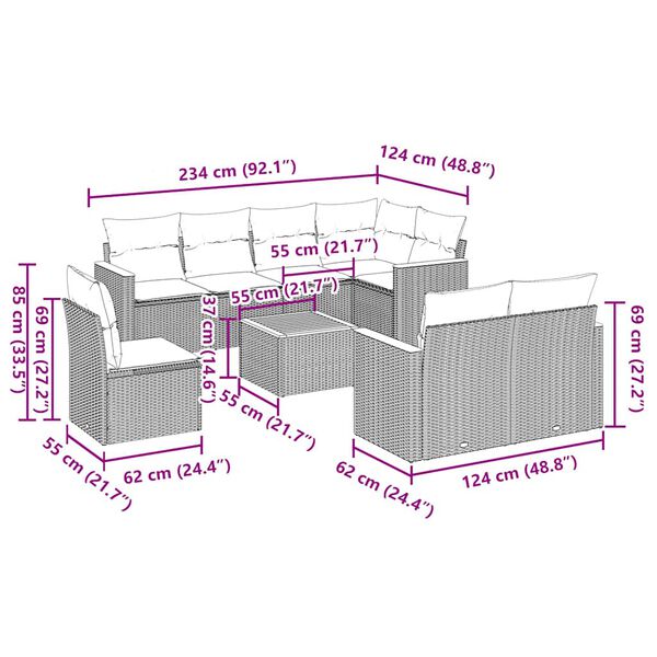 vidaXL Sodo komplektas su pagalvėlėmis, 9 dalių, juodas, poliratanas