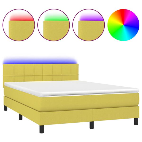 vidaXL Lova su spyruoklėmis/čiužiniu/LED, žalia, 140x200 cm, audinys