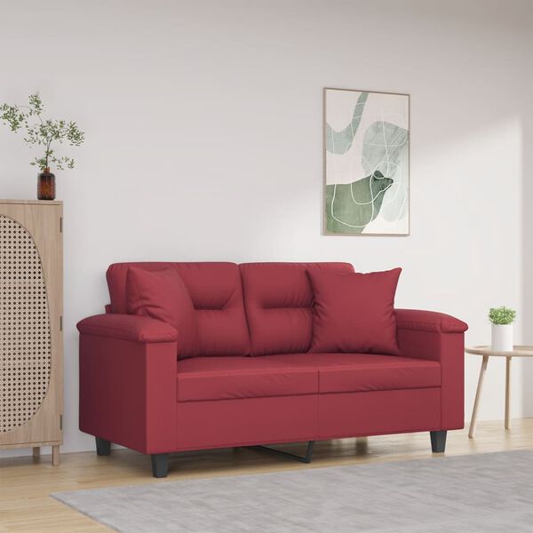 vidaXL Dvivietė sofa su pagalvėlėmis, vyno, 120cm, dirbtinė oda