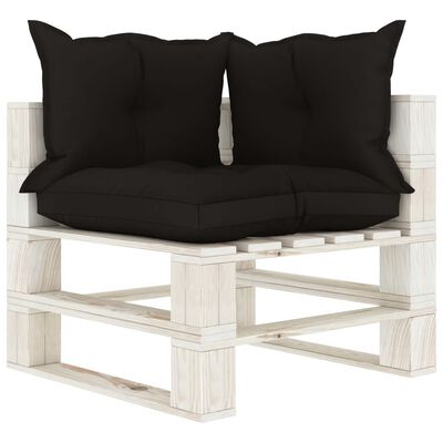 vidaXL Kampinė sodo sofa iš palečių su juodomis pagalvėmis, mediena