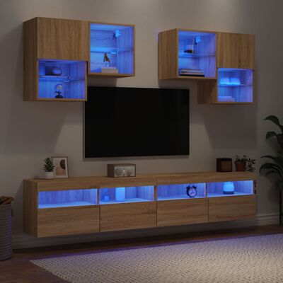 vidaXL Sieninės TV spintelės su LED lemputėmis, 6vnt., ąžuolo spalvos