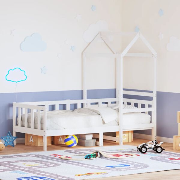 vidaXL Lova su stogeliu, baltos spalvos, 90x200cm, pušies masyvas