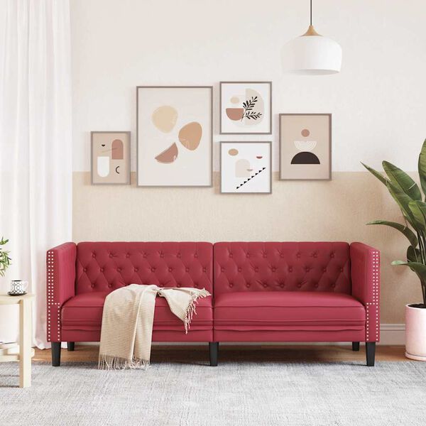 vidaXL Trivietė chesterfield sofa, raudonojo vyno sp., dirbtinė oda