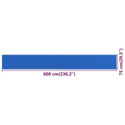 vidaXL Balkono pertvara, mėlynos spalvos, 75x600cm, HDPE