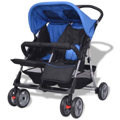 vidaXL Vaikiškas vežimėlis dvynukams, mėlynas ir juodas, plienas