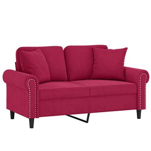 vidaXL Dvivietė sofa su pagalvėlėmis, raudonojo vyno, 120cm, aksomas