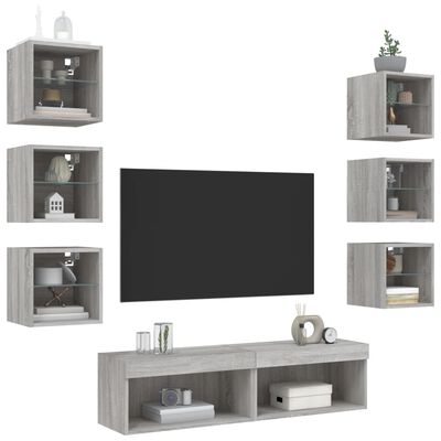 vidaXL Sieninė TV sekcija su LED, 8 dalių, pilka ąžuolo, mediena