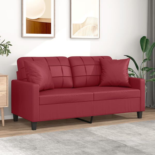 vidaXL Dvivietė sofa su pagalvėlėmis, vyno, 140cm, dirbtinė oda