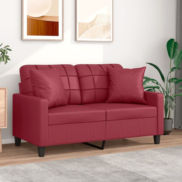 vidaXL Dvivietė sofa su pagalvėlėmis, vyno, 120cm, dirbtinė oda