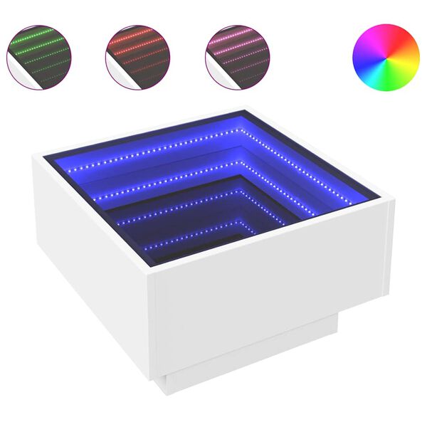 vidaXL Kavos staliukas su LED, baltas, 50x50x30cm, apdirbta mediena