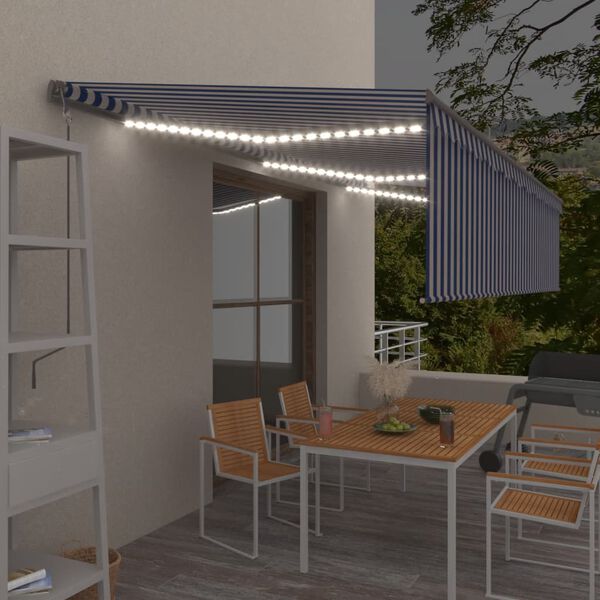 vidaXL Markizė su uždanga/LED/vėjo jutikliu, mėlyna/balta, 6x3m
