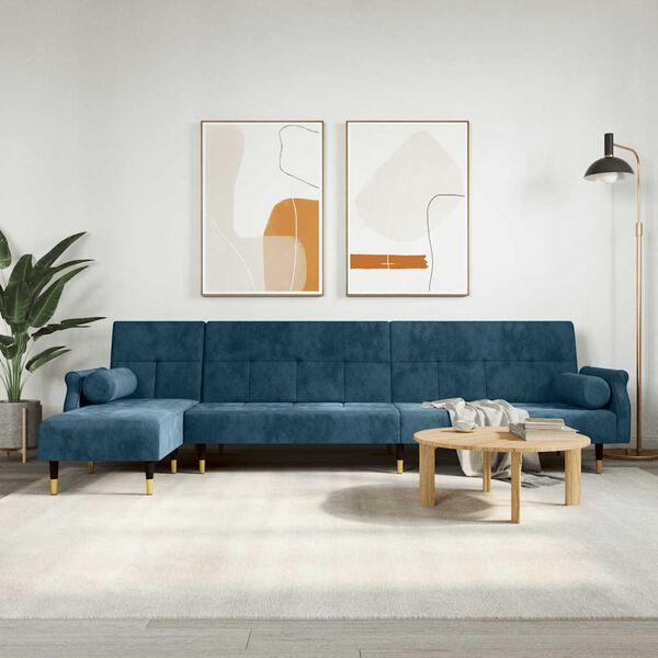 vidaXL L formos sofa-lova, mėlynos spalvos, 271x140x70cm, aksomas