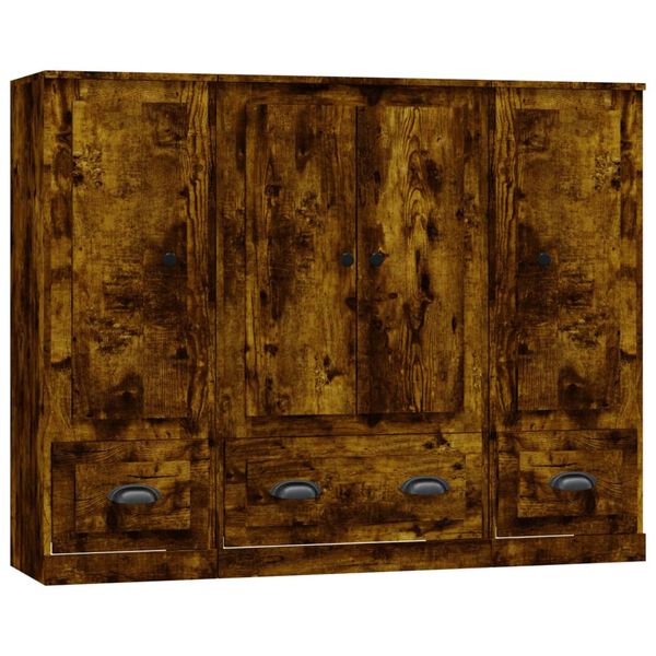 vidaXL Komodos, 3vnt., dūminio ąžuolo spalvos, apdirbta mediena