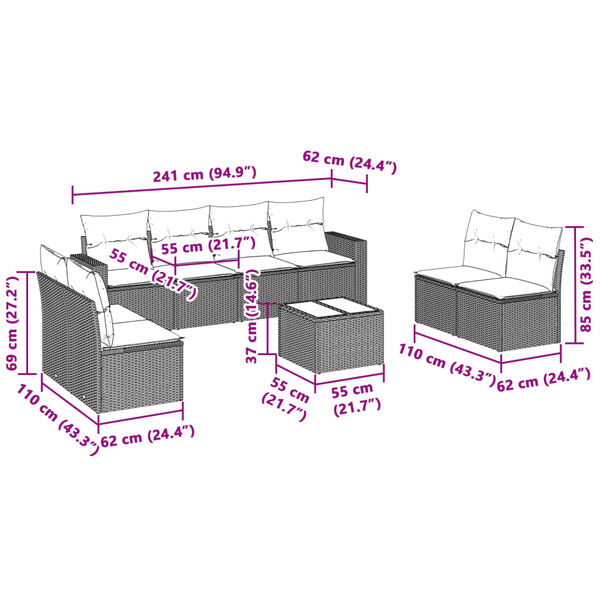 vidaXL Sofos komplektas su pagalvėlėmis, 9 dalių, pilkas, poliratanas