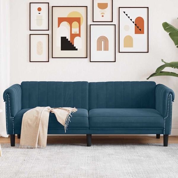 vidaXL Trivietė sofa, mėlynos spalvos, aksomas