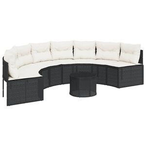 vidaXL Sodo sofa su stalu/pagalvėlėmis, juoda, poliratanas, pusapvalė