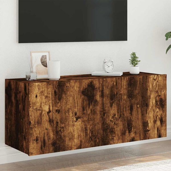 vidaXL Sieninė TV spintelė su LED lemputėmis, dūminė, 100x35x41cm