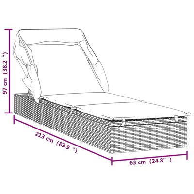 vidaXL Saulės gultas su stogeliu, juodas, 213x63x97cm, poliratanas