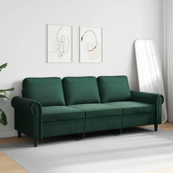 vidaXL Trivietė sofa, tamsiai žalios spalvos, 180cm, aksomas