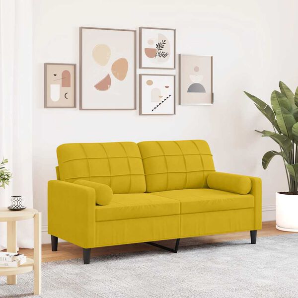 vidaXL Dvivietė sofa su pagalvėlėmis, geltonos spalvos, 140cm, aksomas
