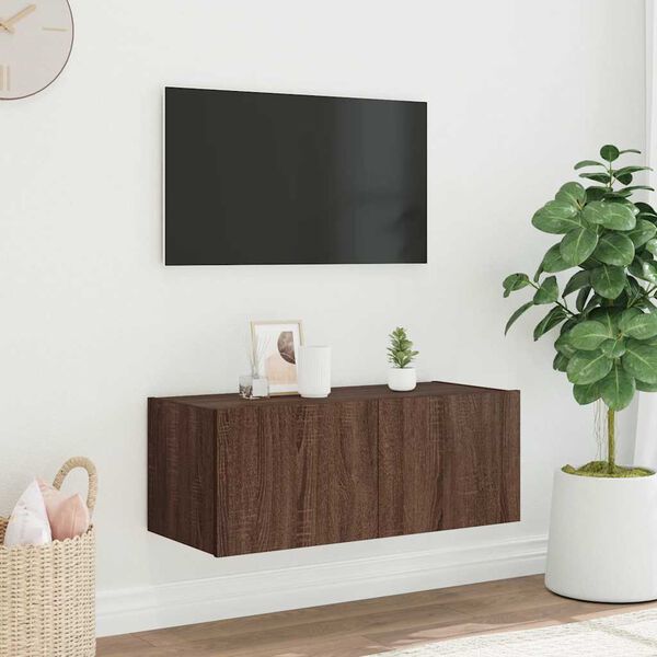 vidaXL Sieninė TV spintelė su LED lemputėmis, ruda ąžuolo, 80x35x31cm
