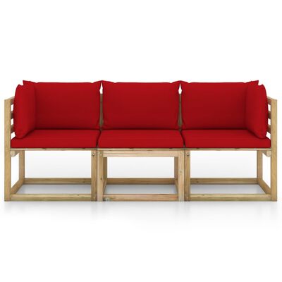 vidaXL Trivietė sodo sofa su raudonos spalvos pagalvėlėmis