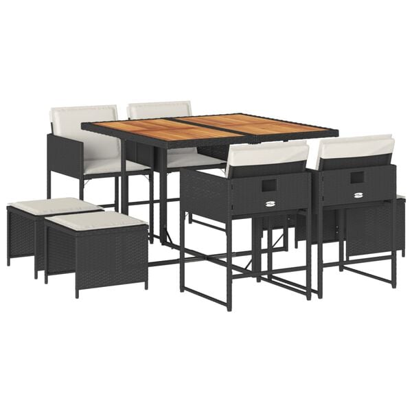 vidaXL Sodo komplektas su pagalvėlėmis, 9 dalių, juodas, poliratanas