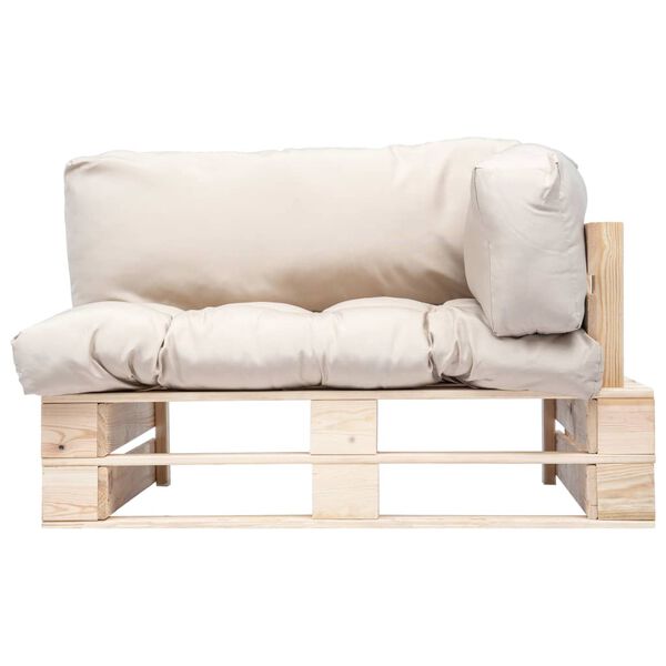 vidaXL Sodo sofa i&scaron; palečių su smėlio pagalvėlėmis, pu&scaron;ies mediena