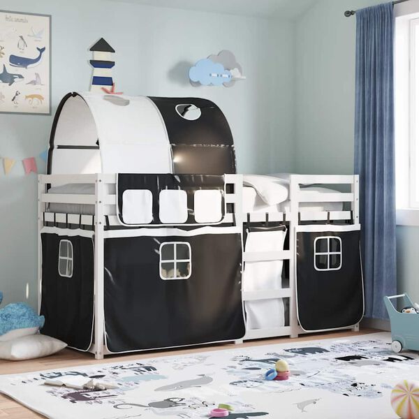 vidaXL Dviaukštė lova su užuolaidomis, balta/juoda, 90x200cm, pušis