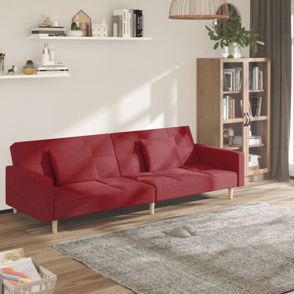 vidaXL Dvivietė sofa-lova su dvejomis pagalvėmis, vyno, audinys