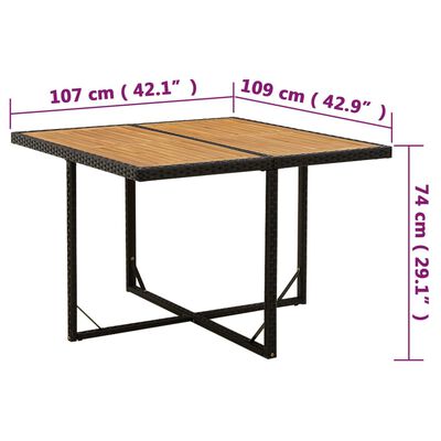 vidaXL Sodo stalas, juodas, 109x107x74cm, poliratanas ir akacija