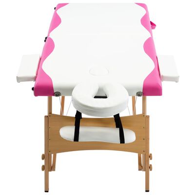 vidaXL Sulankstomas masažo stalas, baltas ir rožinis, mediena, 2 zonų