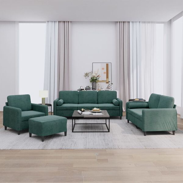 vidaXL Sofos komplektas su pagalvėmis, 4 dalių, žalias, aksomas