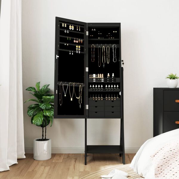 vidaXL Veidrodinė papuošalų spintelė su LED, juoda, laisvai pastatoma