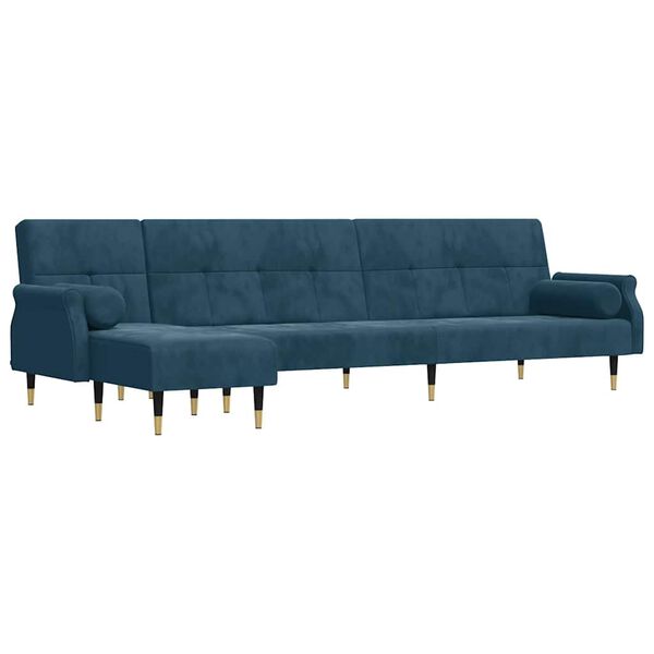vidaXL L formos sofa-lova, mėlynos spalvos, 271x140x70cm, aksomas