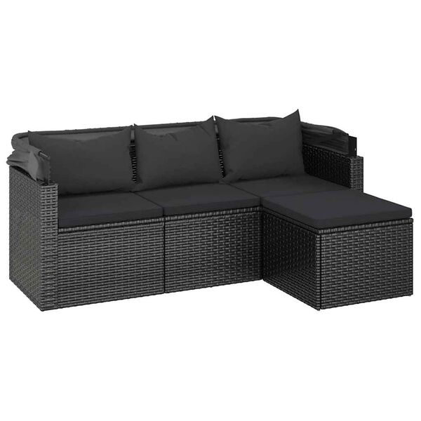 vidaXL Trivietė sodo sofa su stogeliu ir pakoja, juoda, poliratanas